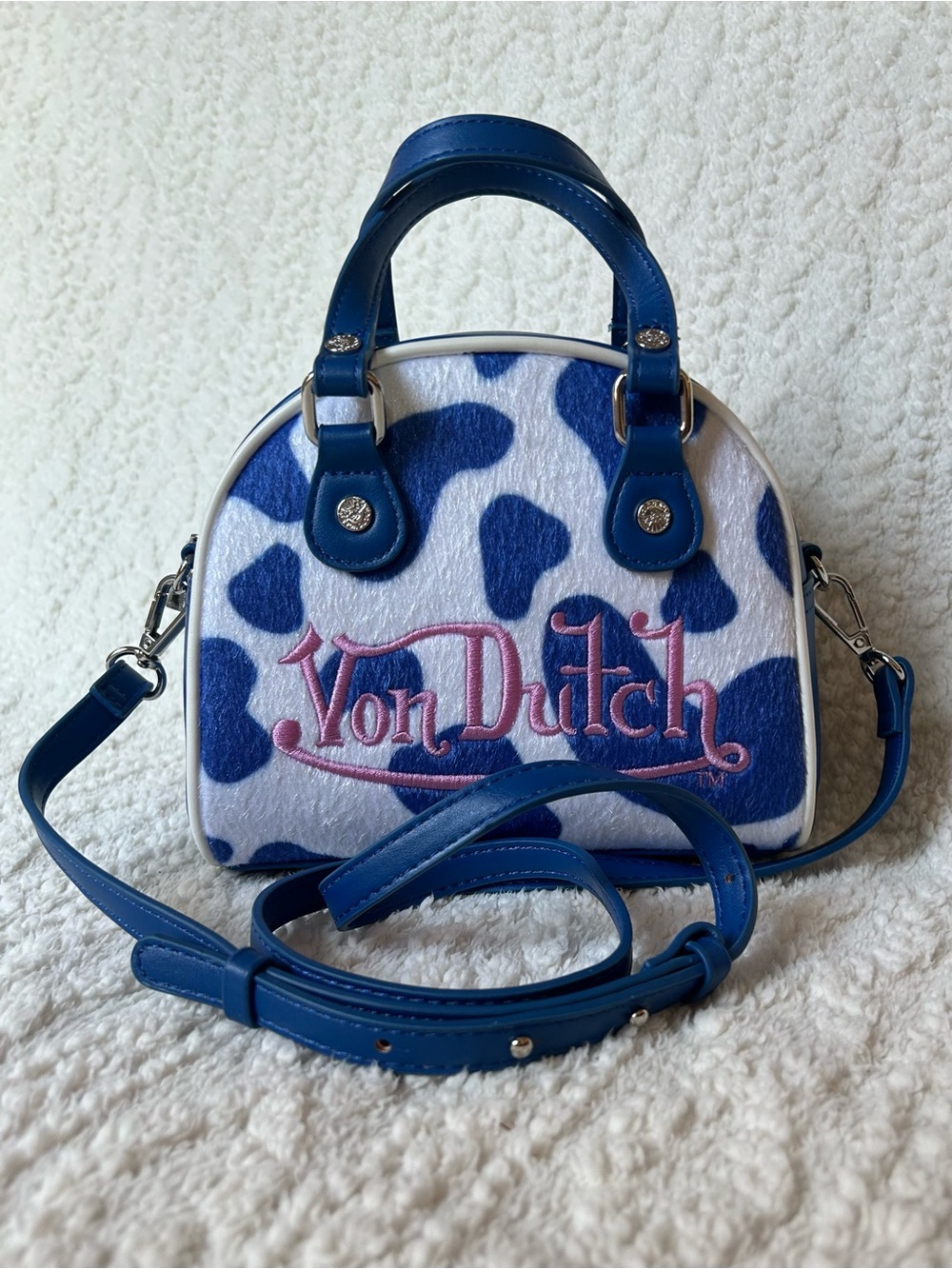Von Dutch Blue & Pink Cow Print Bowling Bag